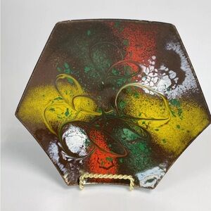Vintage ENAMELED Copper Art BOWL 5.5” Footed MCM Green Yellow Red Abstract Swirl